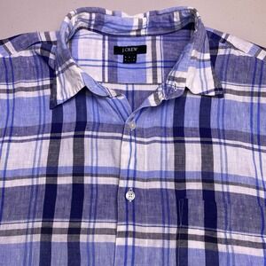 Y2K J Crew Shirt L Mens S/S Linen Button Up Blue Plaid Preppy VGUC